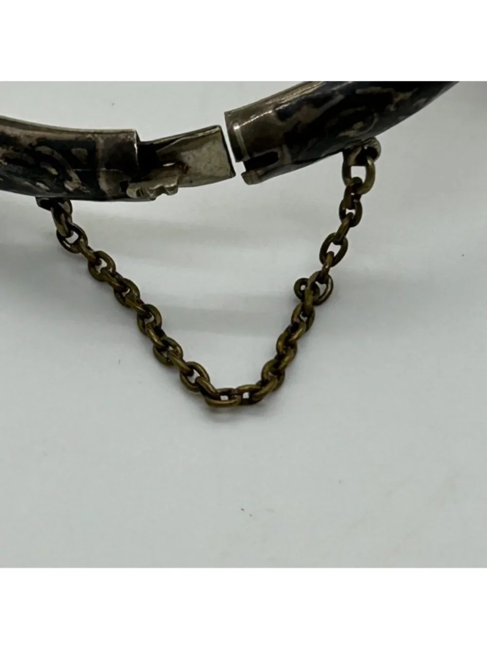 Vintage Siam Niello Bangle Bracelet Thai Black Enamel Hinged Chain Closure